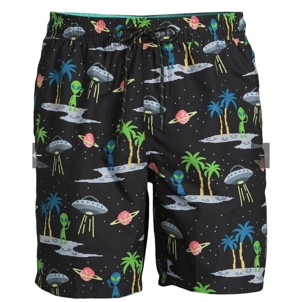 Men's XL Alien UFO Saturn Planets Pixel Palm Tree UPF 50+ Swim Trunks